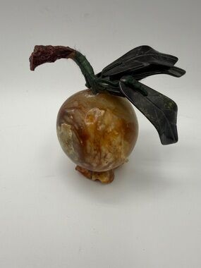 Decorative Marble Apple Sculpture with Dark Green Leaves